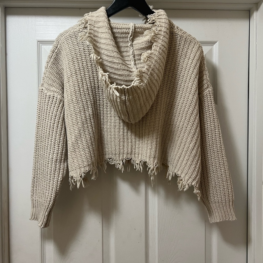 Main Strip Tan Hooded Cardigan Sweater - Picture 3 of 6